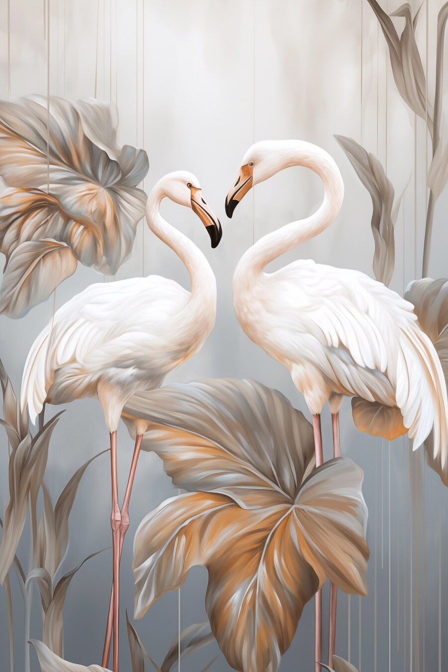Flamingos brancos entre folhas — design completo