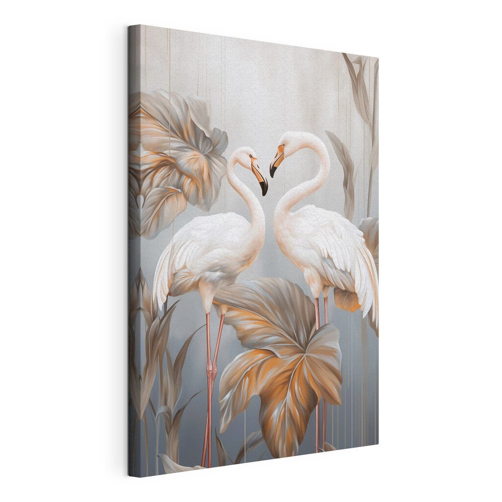 Flamingos brancos entre folhas, tela esticada e borda contínua