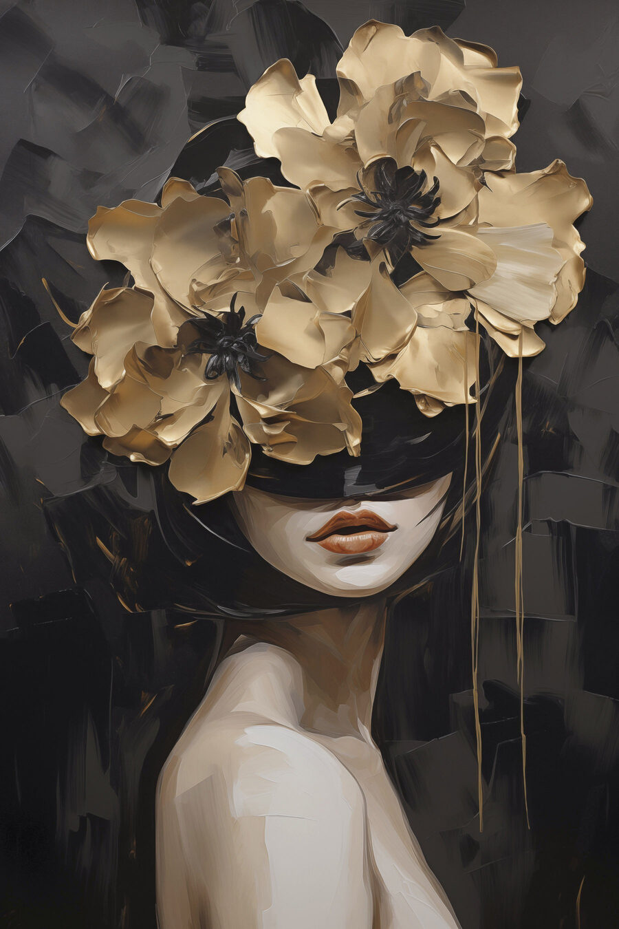 Mulher com flores douradas — design completo