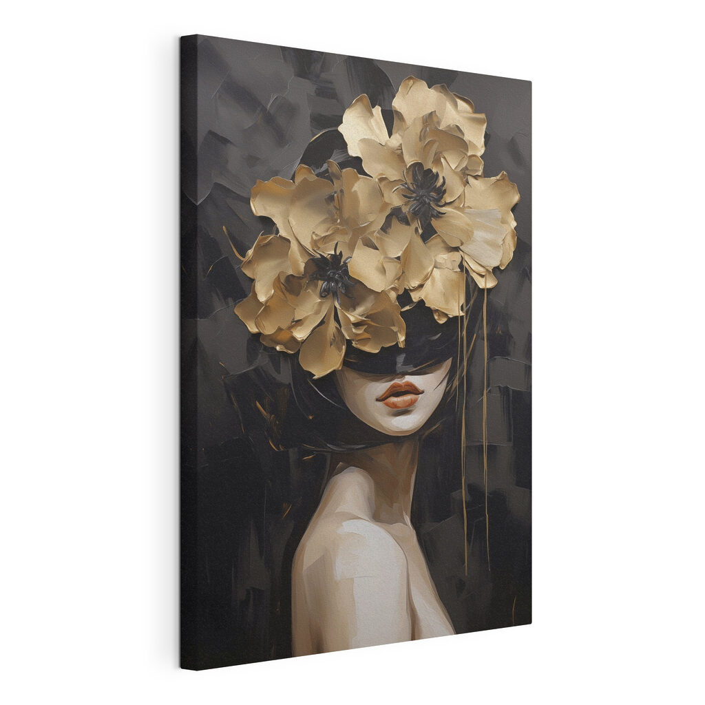 Mulher com flores douradas, tela esticada e borda contínua