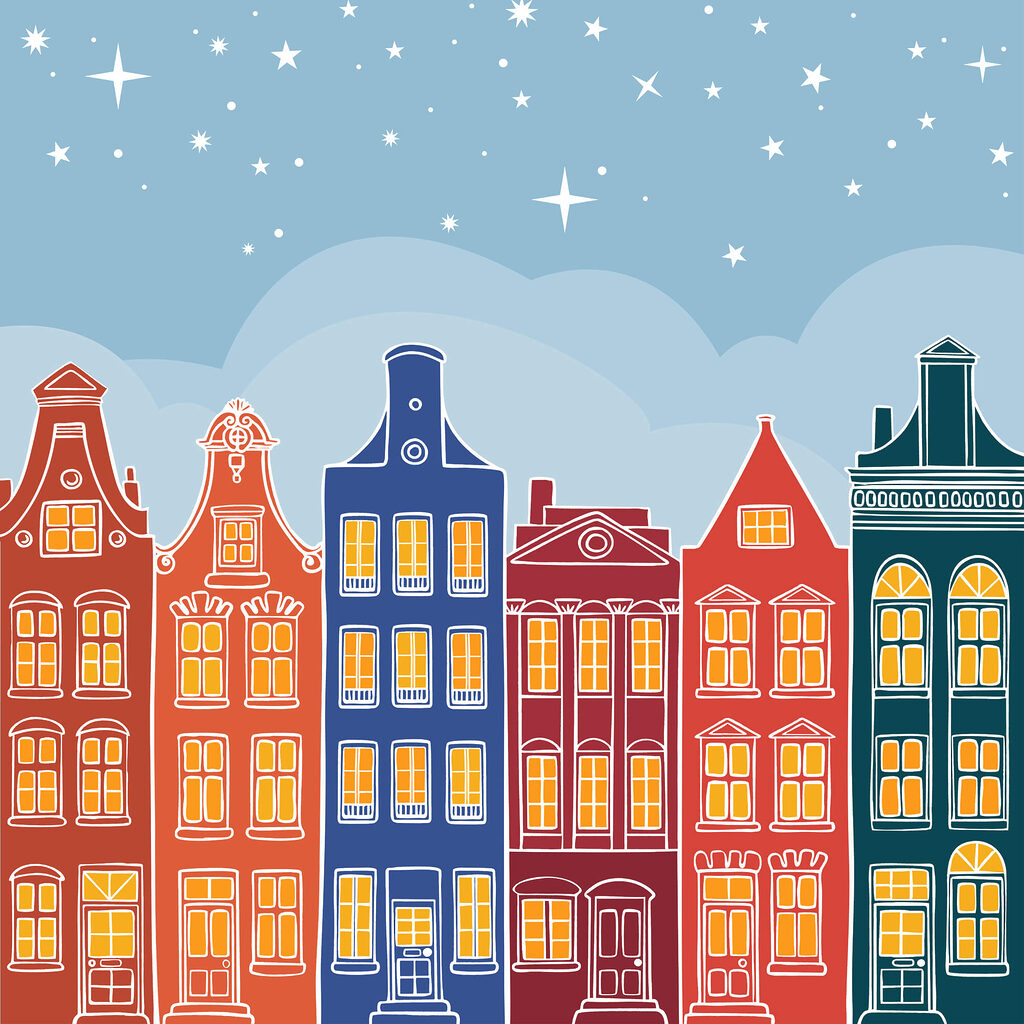 Casas coloridas sob estrelas — design completo