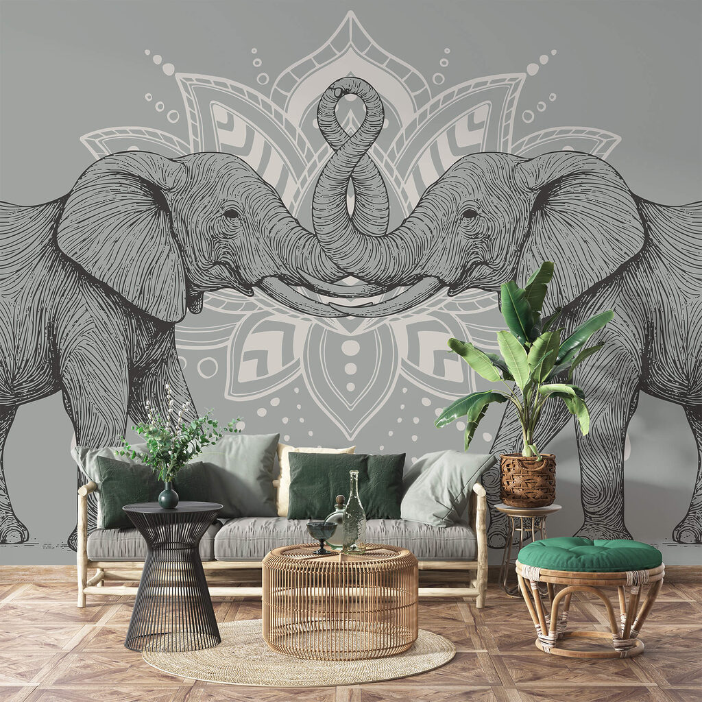 Elefantes diante de ornamento num interior