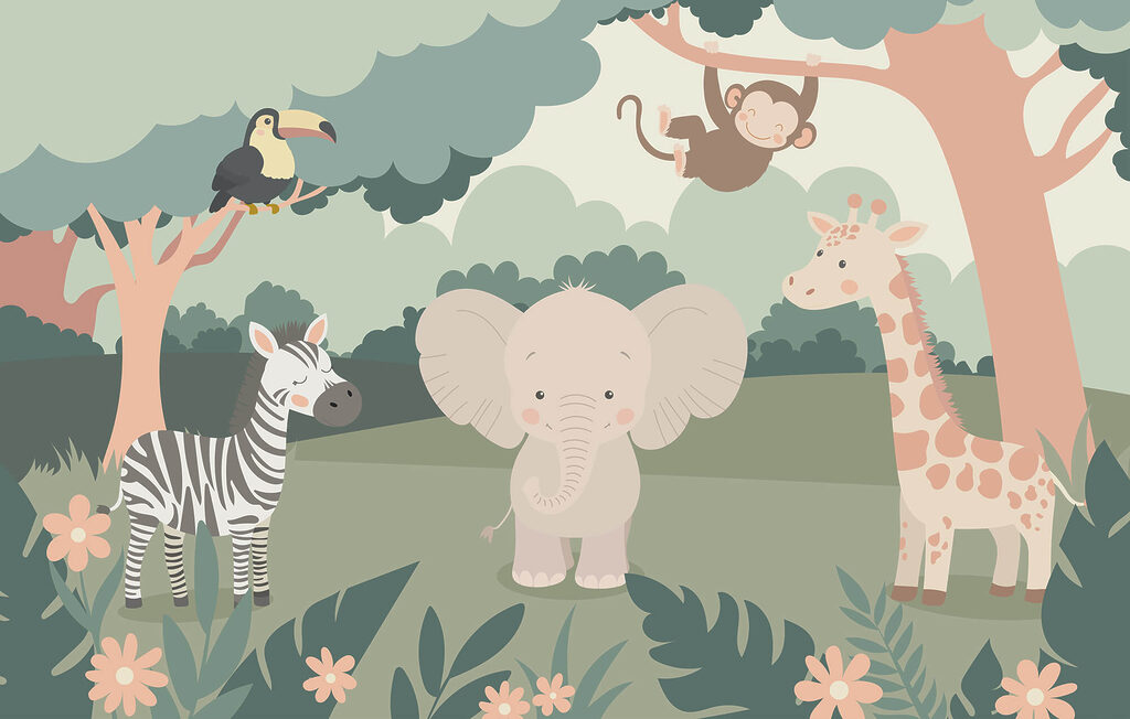 Elefante, girafa e zebra — design completo