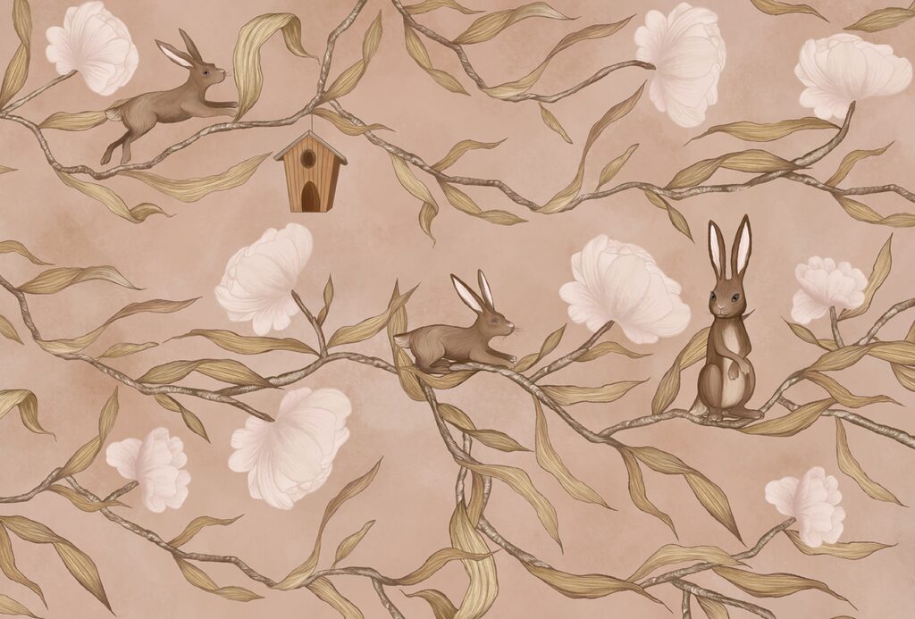 Coelhos em ramos floridos — design completo