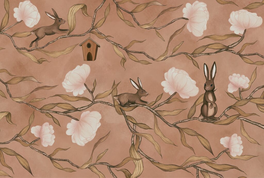 Coelhos em ramos floridos — design completo