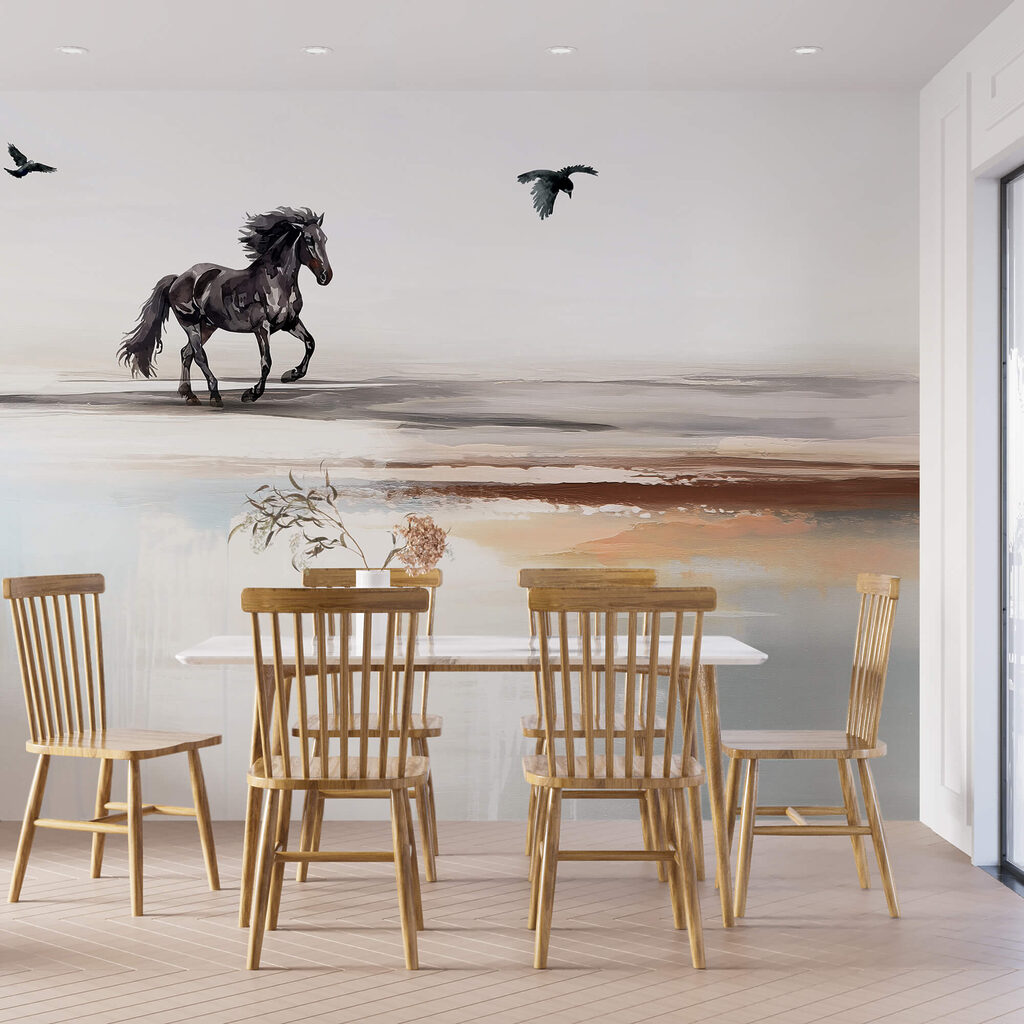 Cavalo com aves num interior