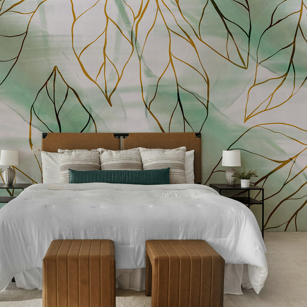 Linhas de folhas verdes num interior