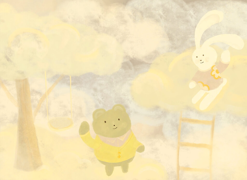 Bichinhos sobre nuvens amarelas — design completo