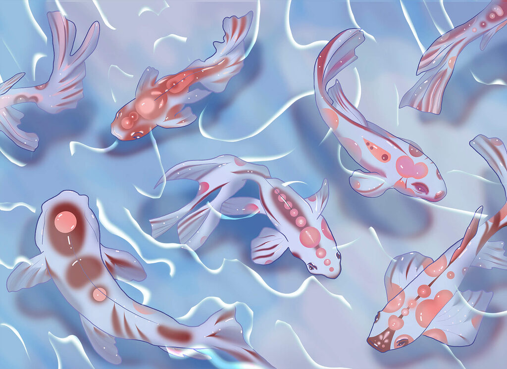 Peixes entre ondulações azuis — design completo