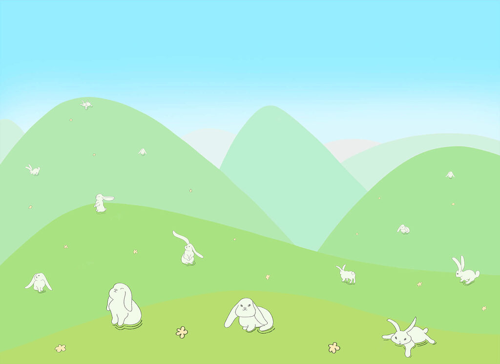 Coelhinhos em colinas verdes — design completo