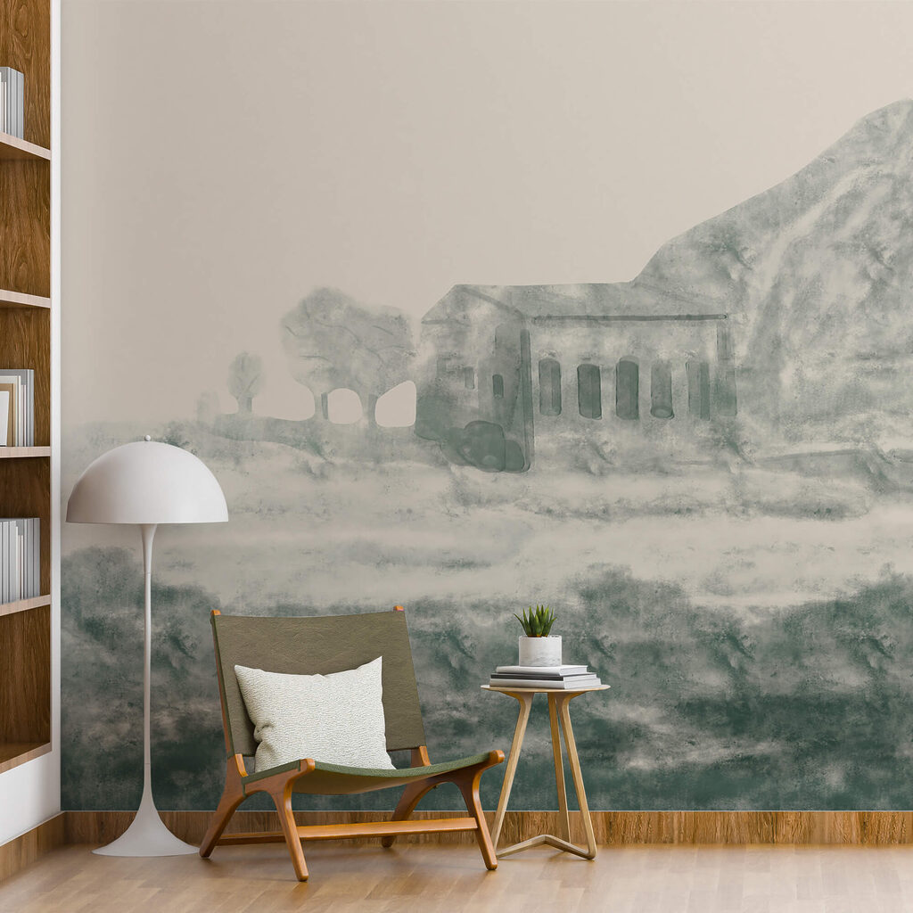 Edifício clássico na paisagem num interior