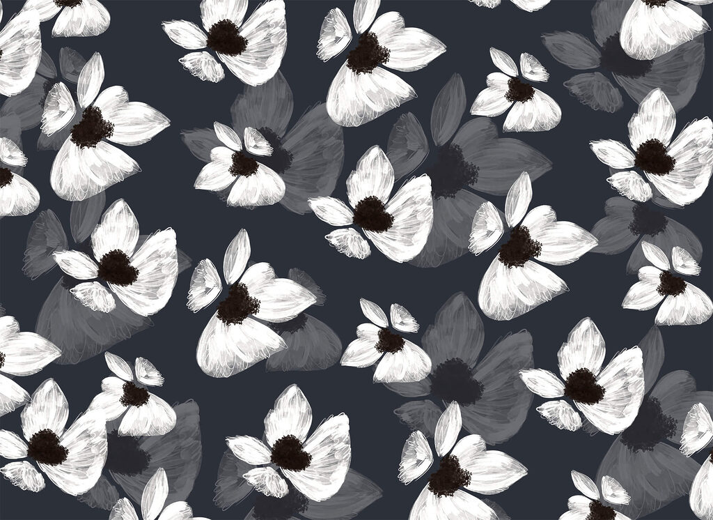 Flores brancas, centros escuros — design completo