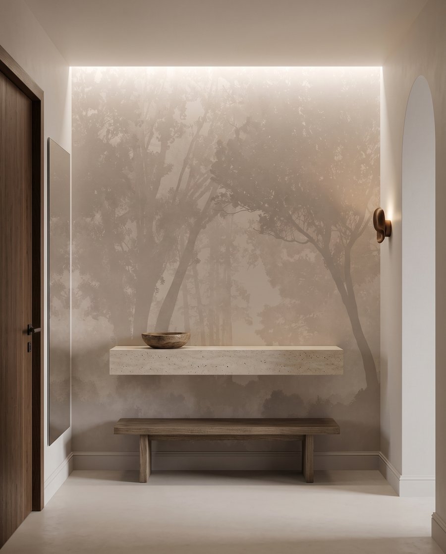 Árvores na neblina num interior