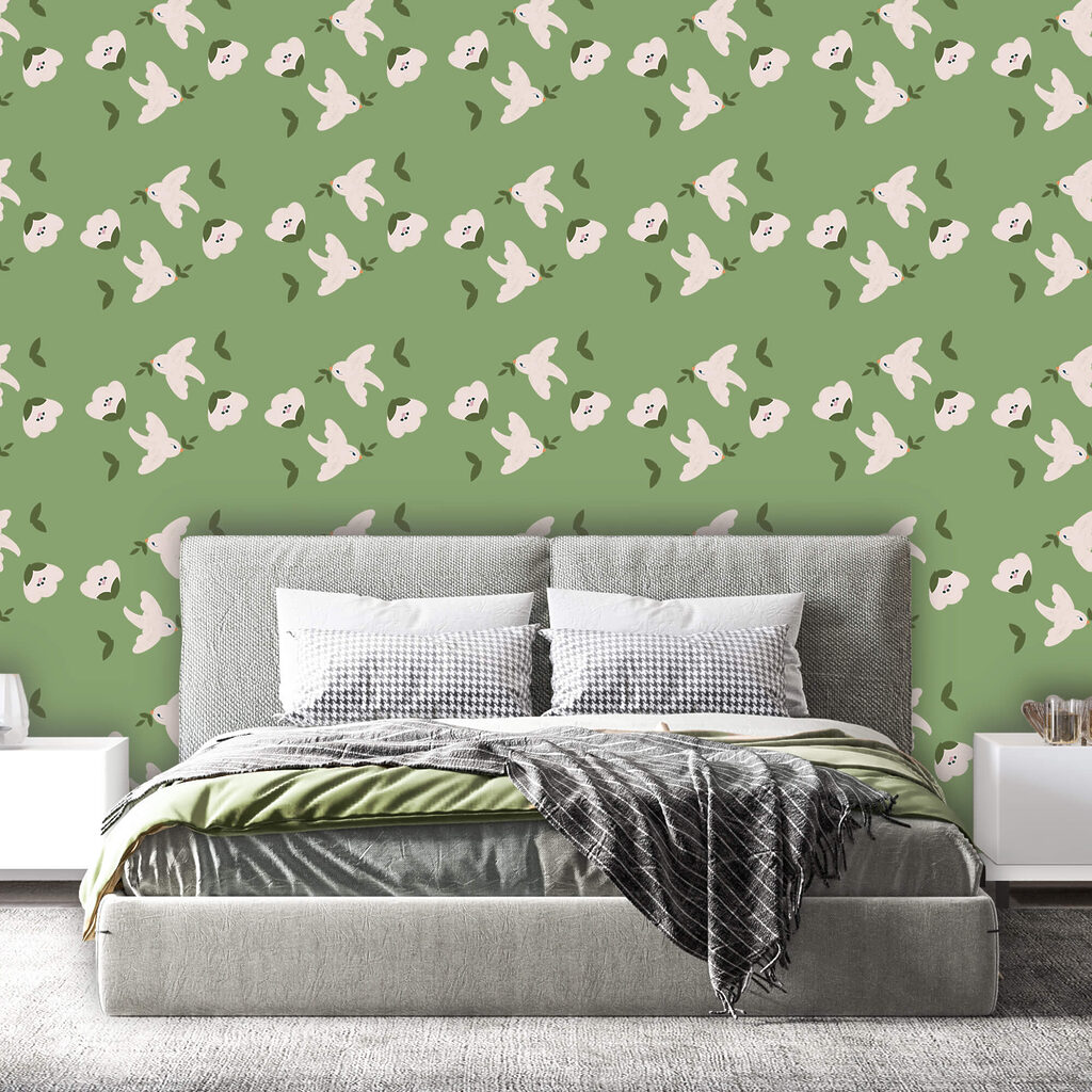 Aves brancas sobre verde — interior 1