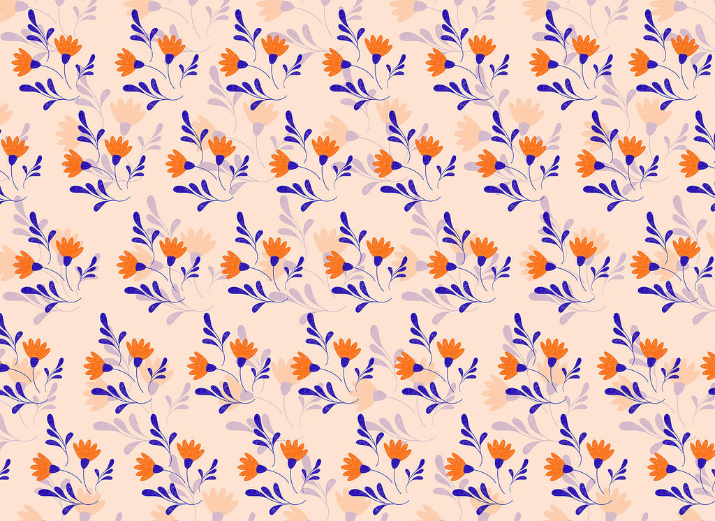 Flores laranja, folhas azuis — design completo
