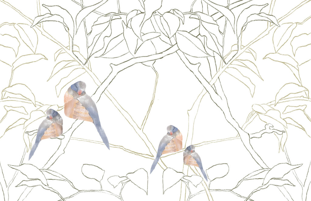 Aves entre ramos desenhados — design completo