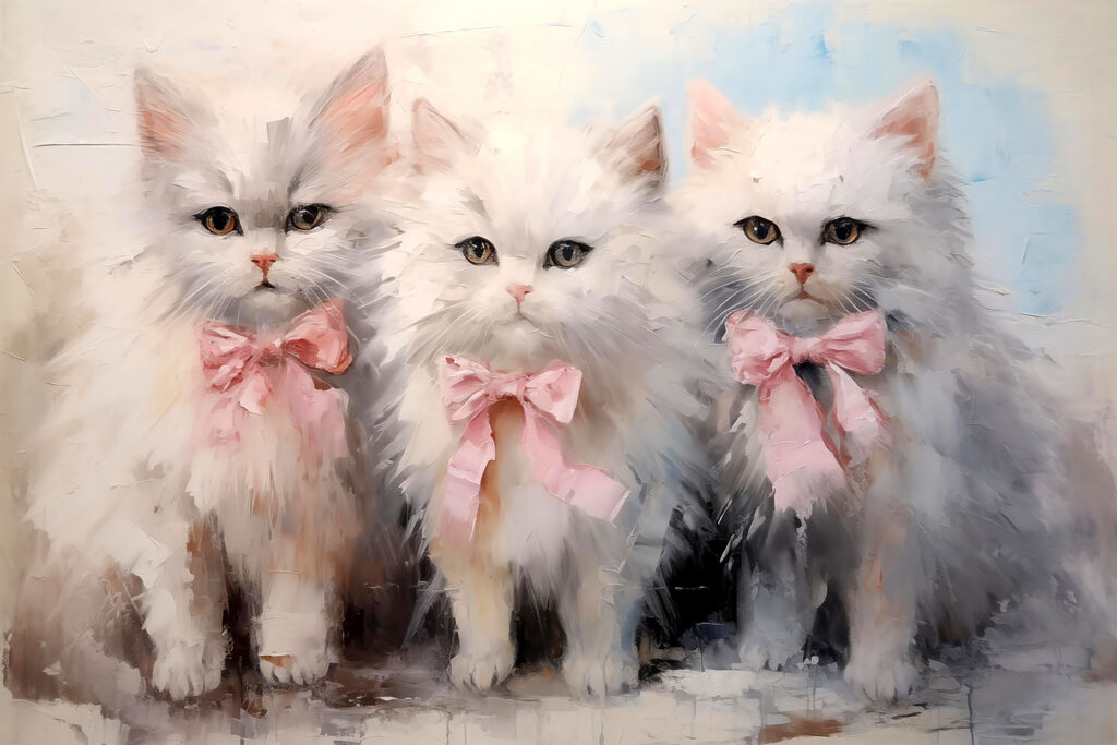 Três gatinhos com laços — design completo