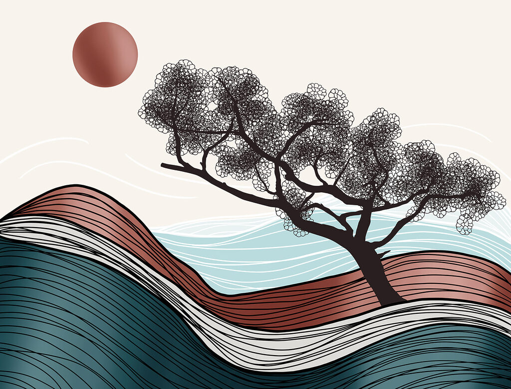 Árvore sobre linhas onduladas — design completo