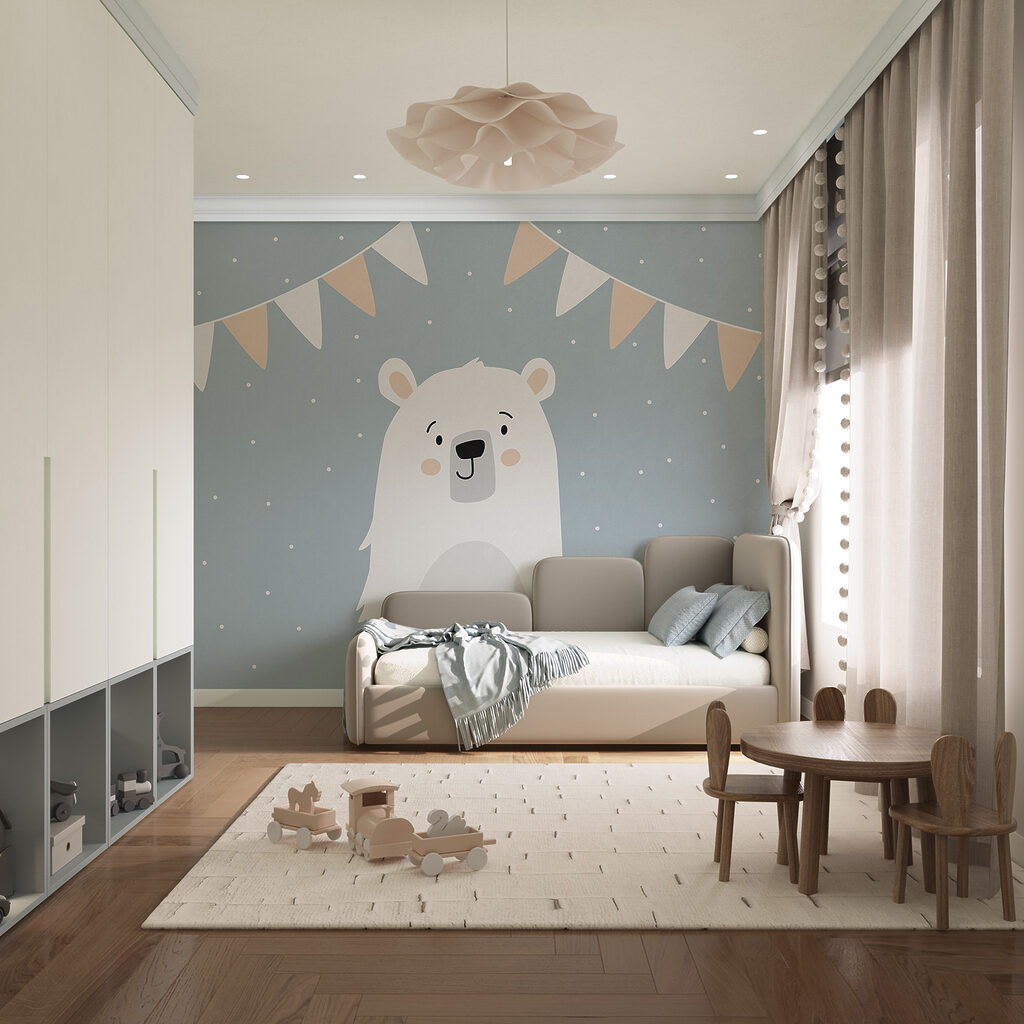 Urso branco com bandeirinhas — interior 1