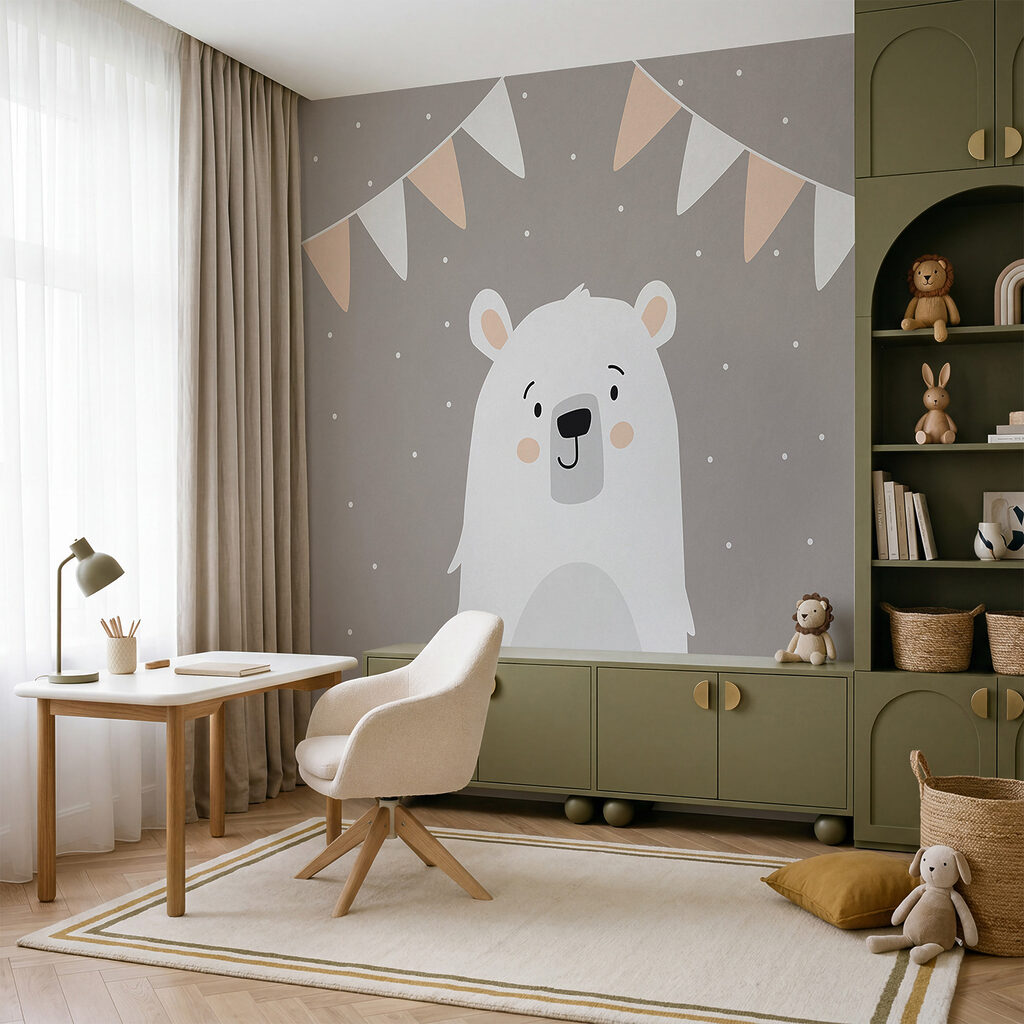 Urso branco com bandeirinhas num interior