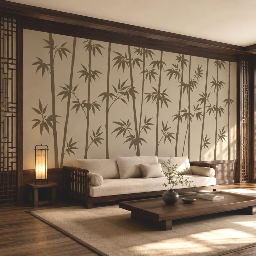 Bambu em ritmo esguio num interior