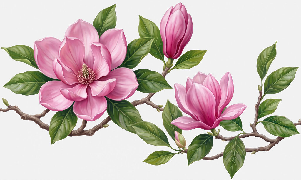 Magnólia rosa em ramos — design completo