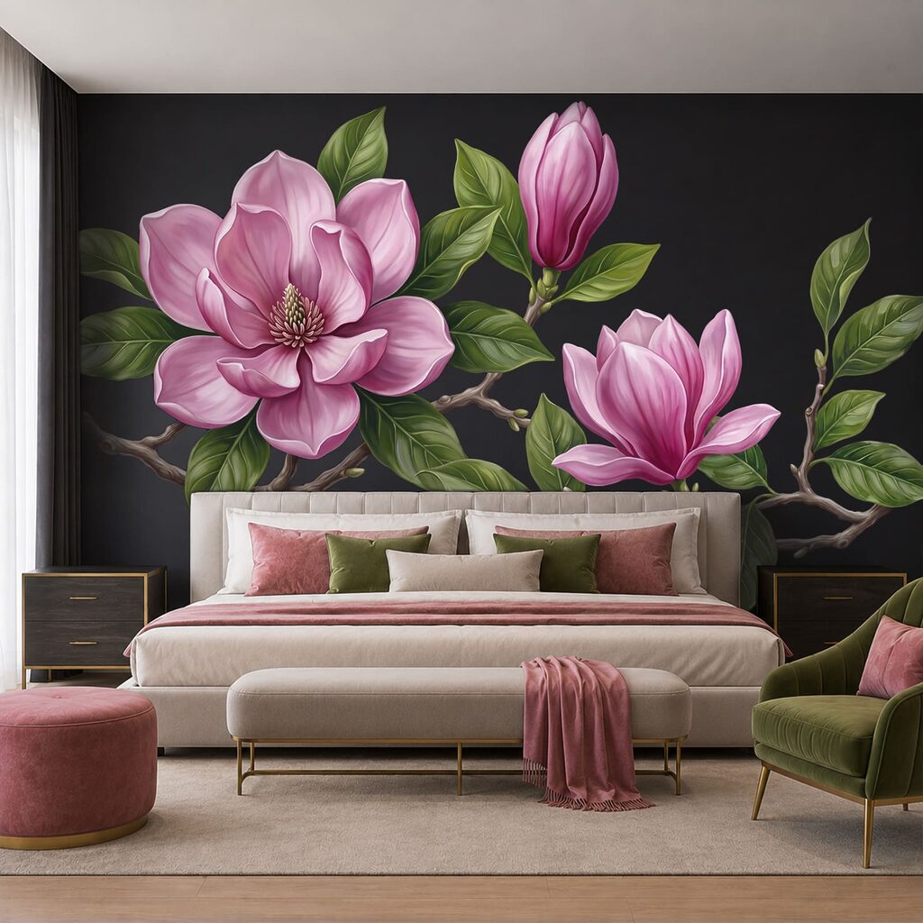 Magnólia rosa em ramos num interior