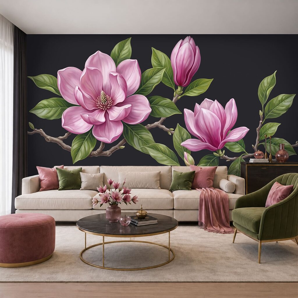 Magnólia rosa em ramos num interior