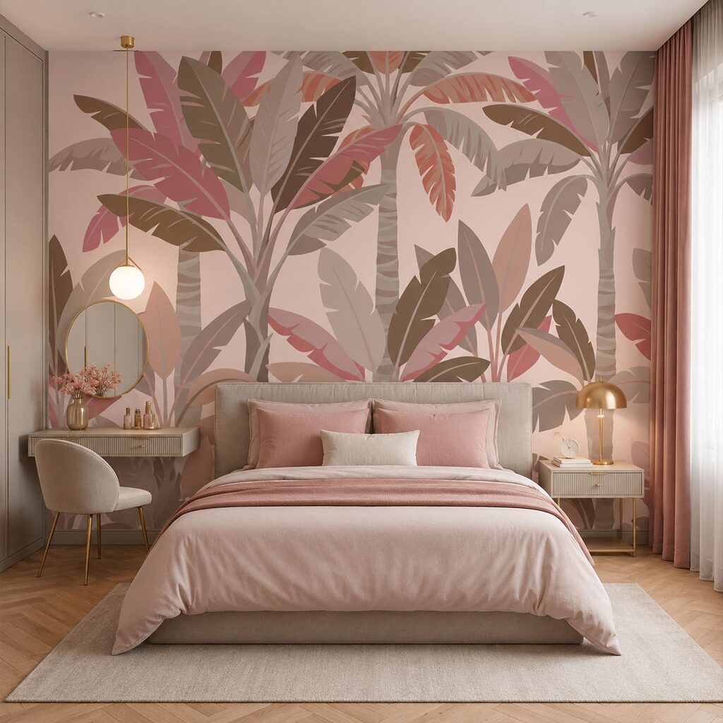 Folhas tropicais sobrepostas num interior