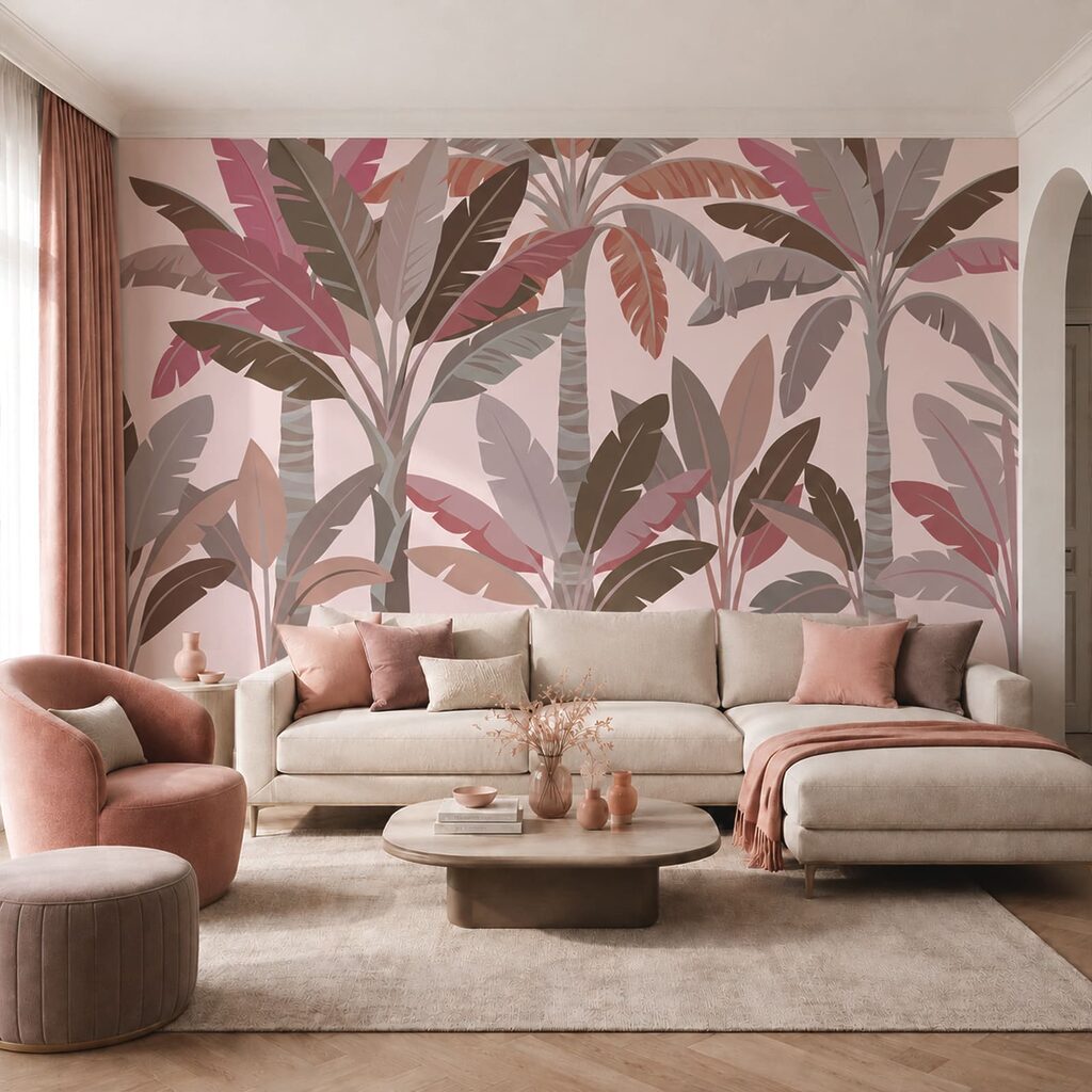 Folhas tropicais sobrepostas num interior