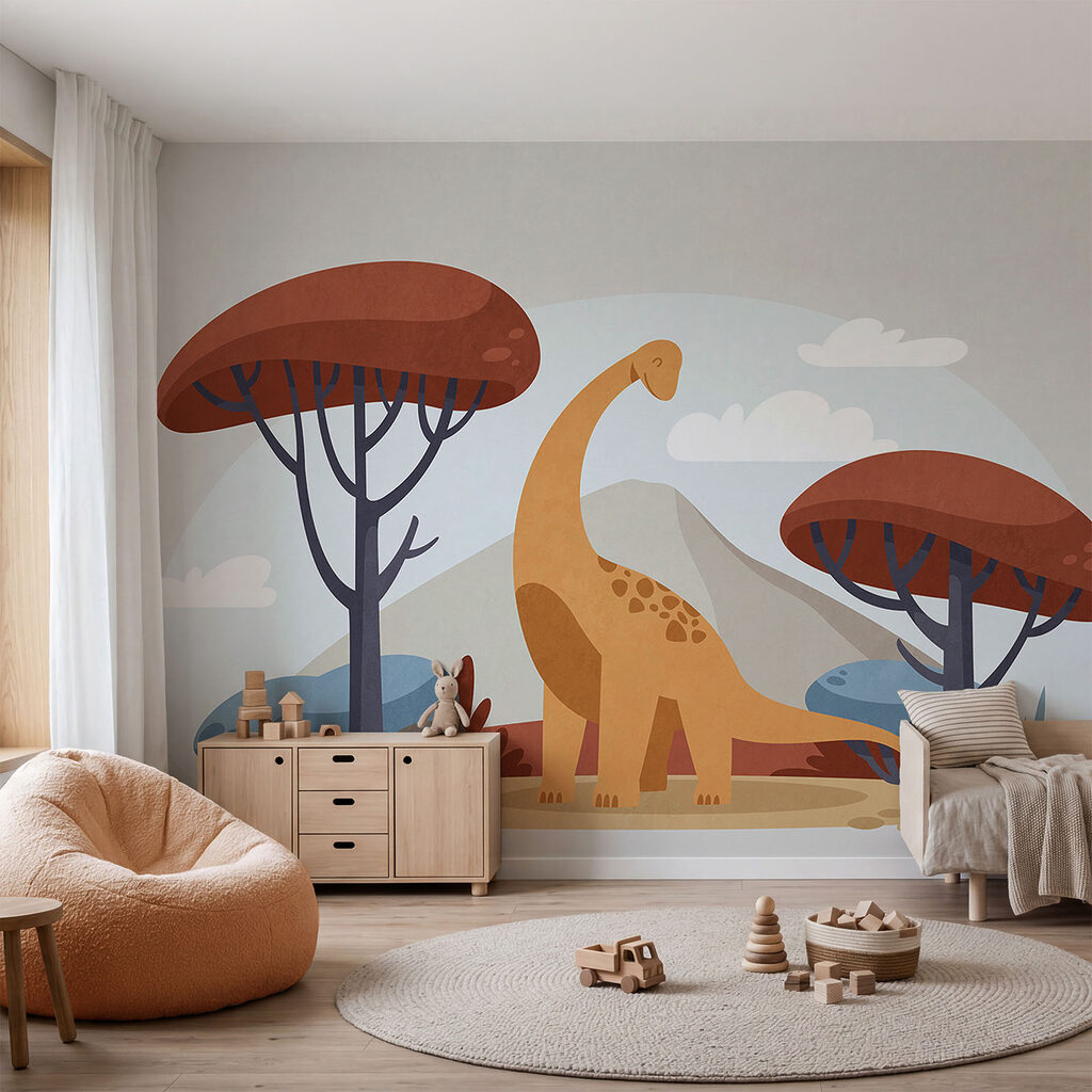 Dinossauro entre árvores num interior