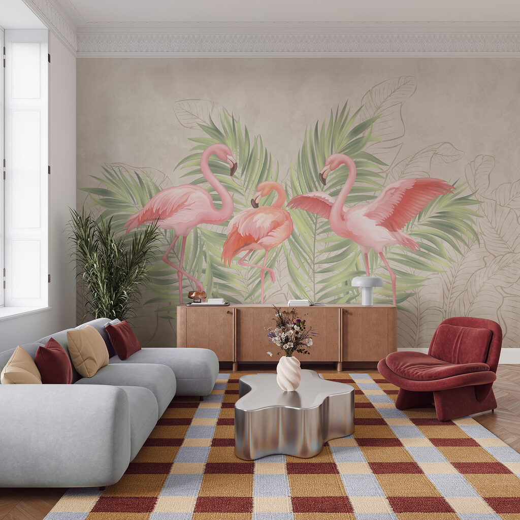 Três flamingos e palmeiras — interior 2