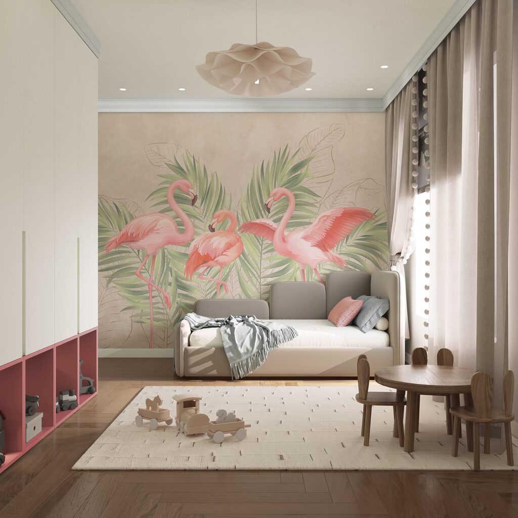 Três flamingos e palmeiras — interior 3