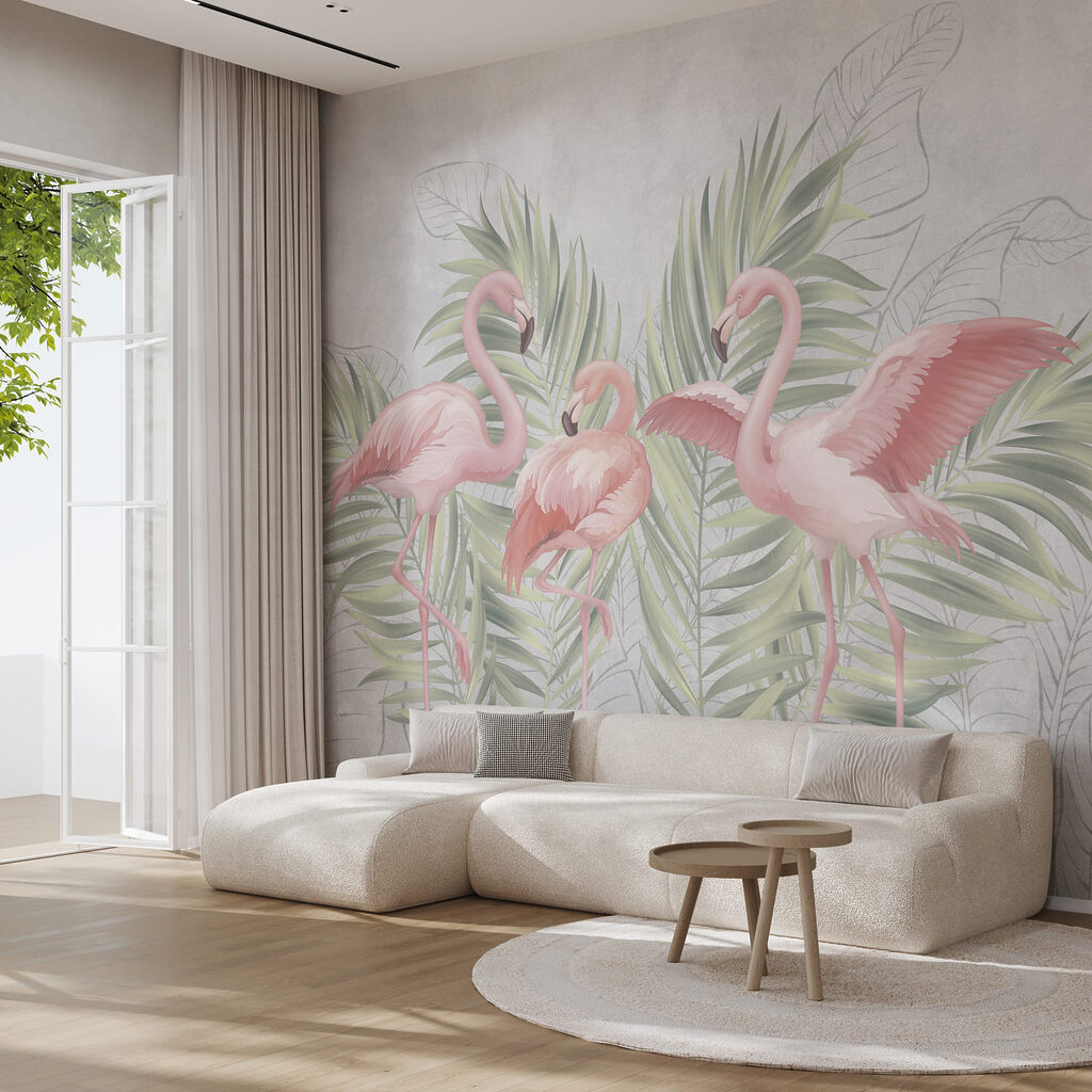 Três flamingos e palmeiras — interior 1