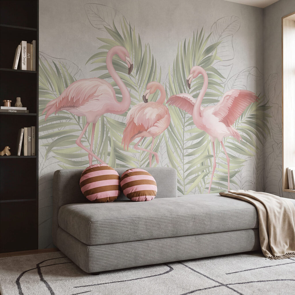 Três flamingos e palmeiras — interior 2