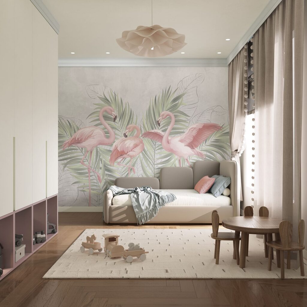 Três flamingos e palmeiras — interior 3