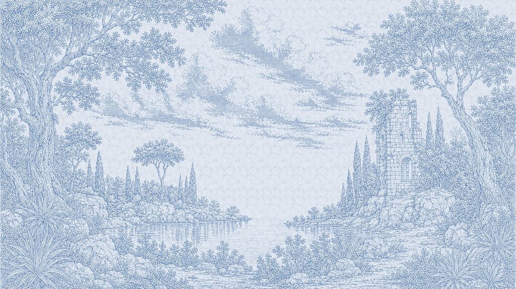 Paisagem desenhada a azul — design completo