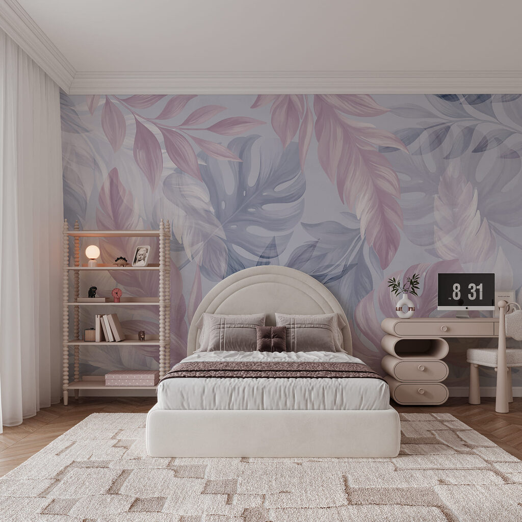 Folhas bege e rosa num interior