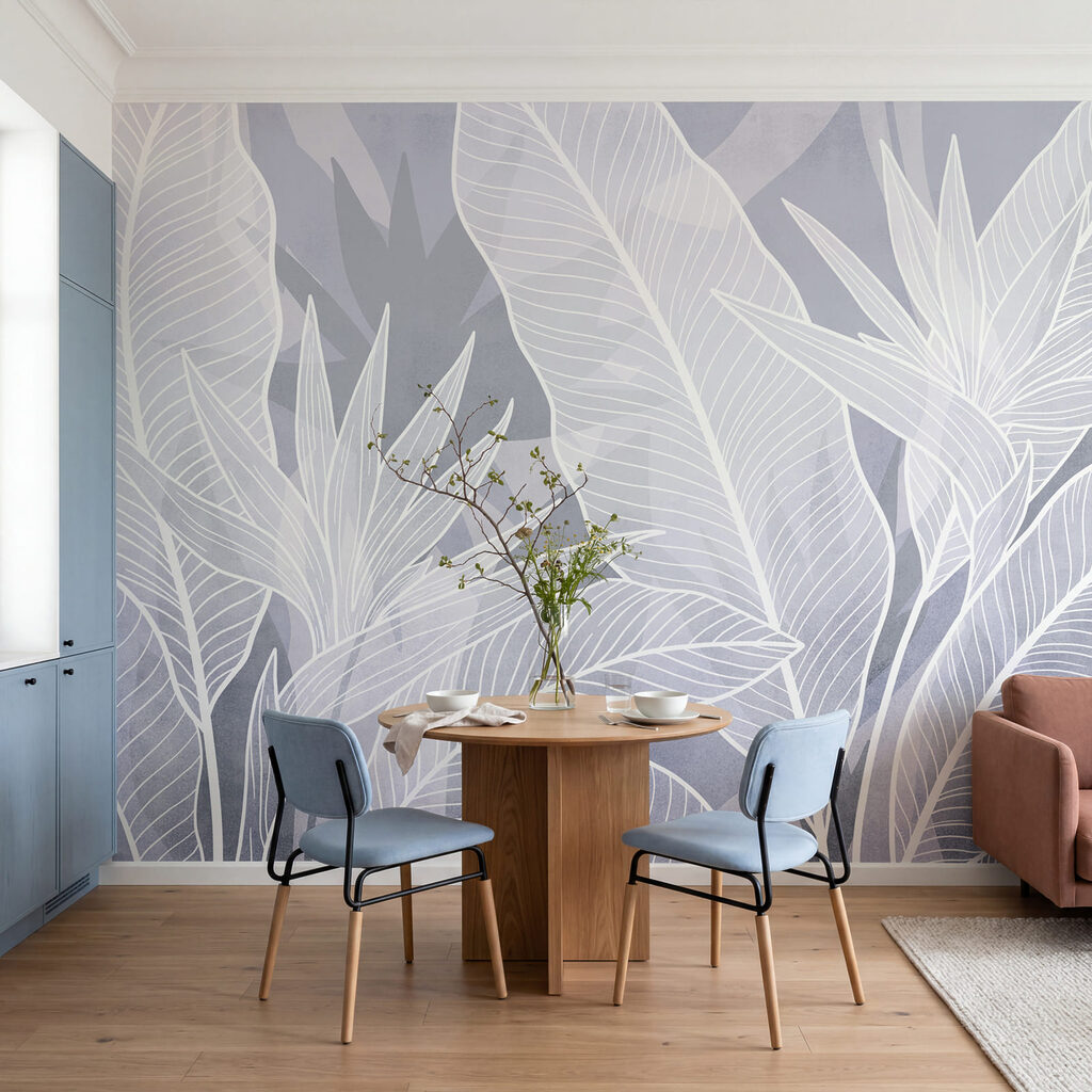 Folhas de contorno branco num interior