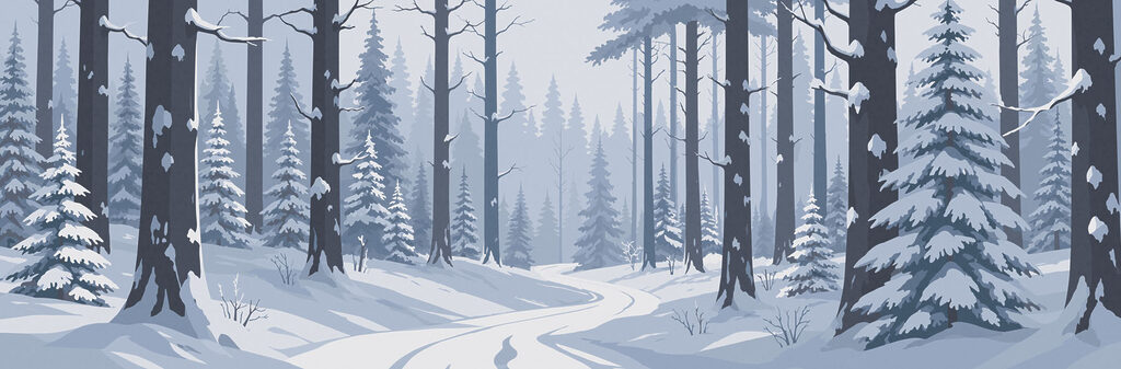 Caminho entre pinheiros nevados — design completo