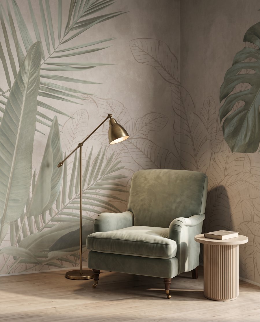 Folhas tropicais desenhadas num interior