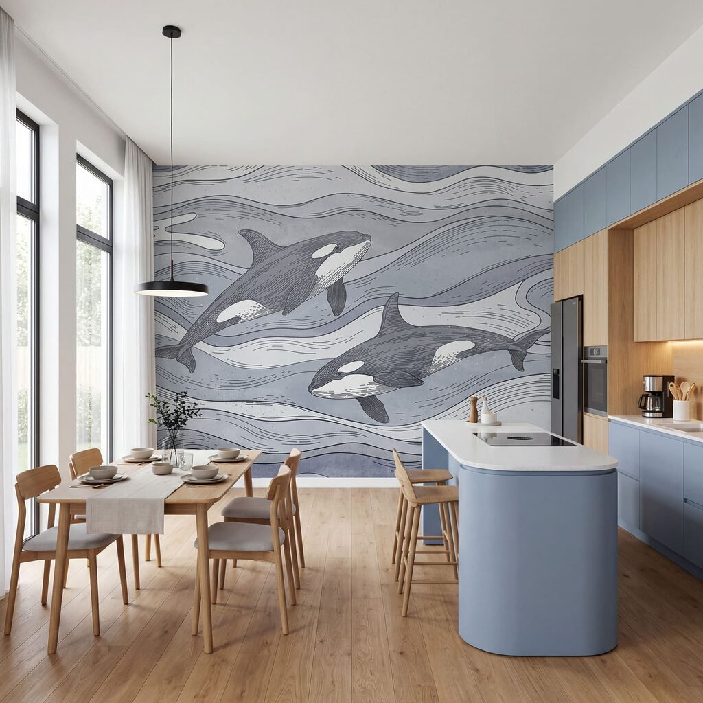 Orcas entre ondas desenhadas — interior 2
