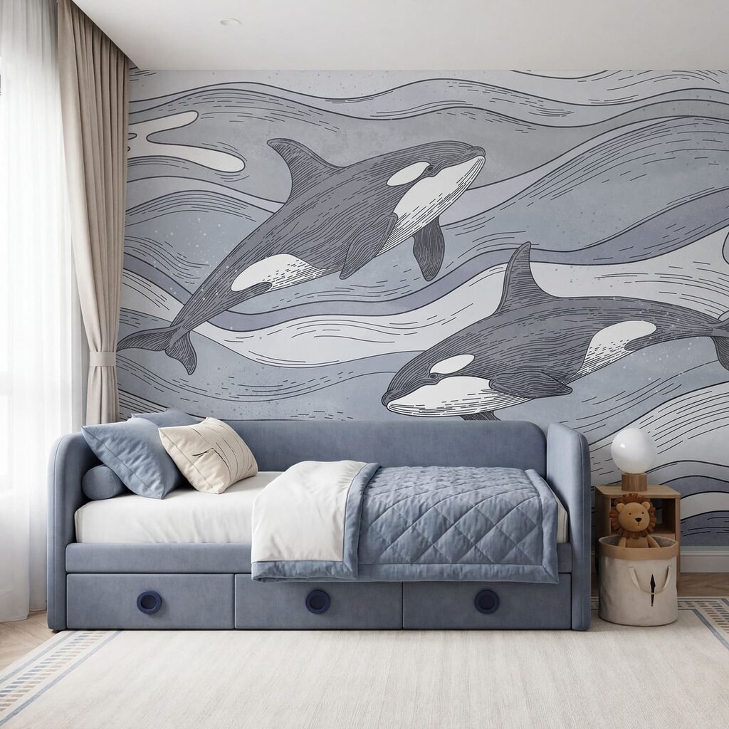 Orcas entre ondas desenhadas — interior 3