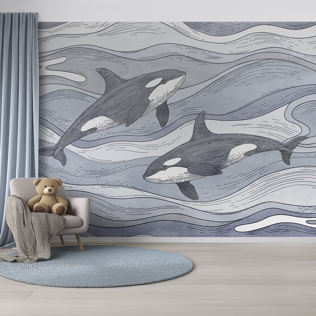 Orcas entre ondas desenhadas num interior