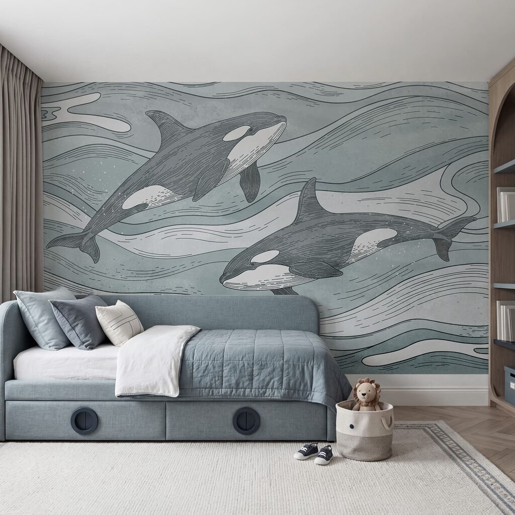 Orcas entre ondas desenhadas — interior 1