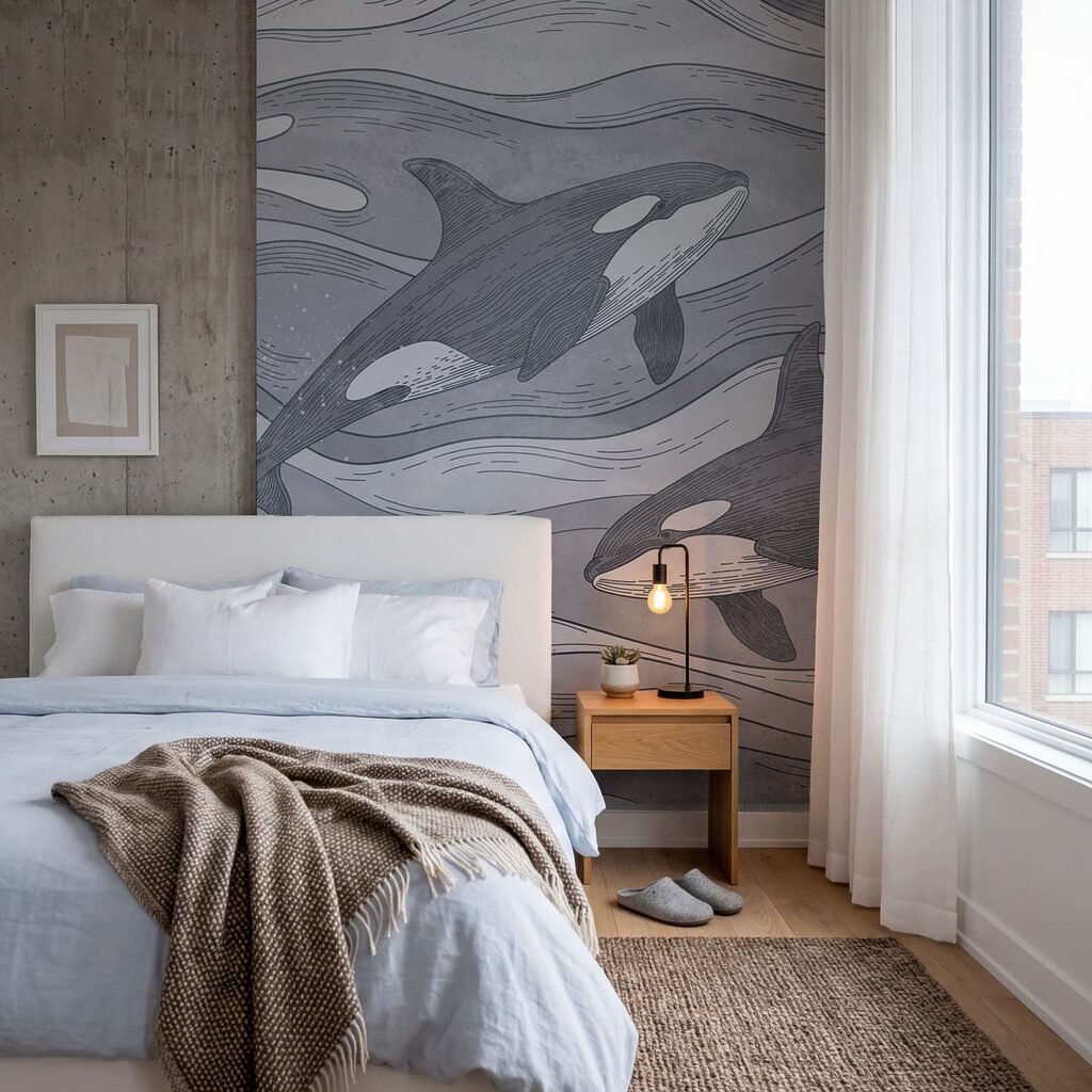 Orcas entre ondas desenhadas — interior 2