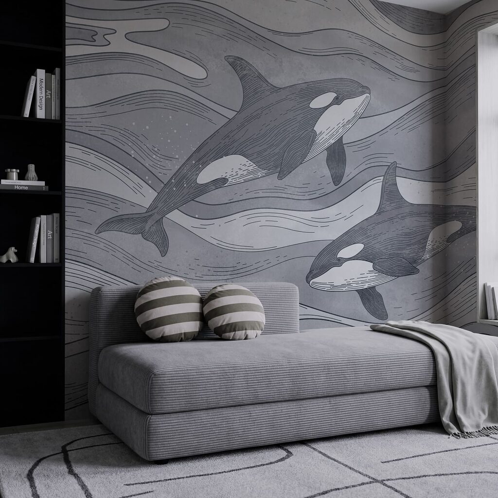 Orcas entre ondas desenhadas — interior 1