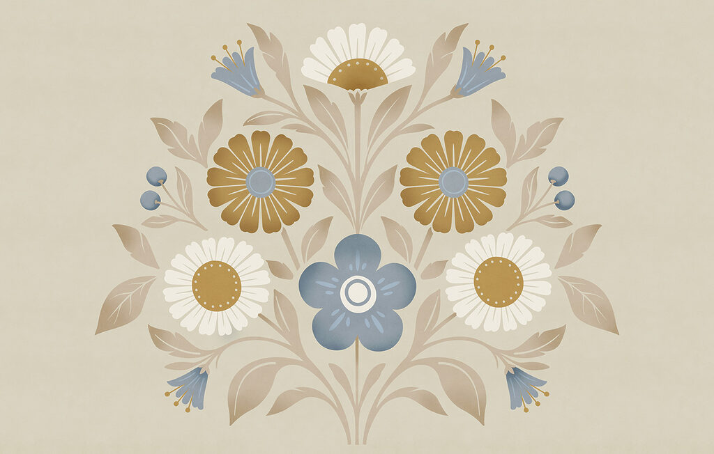 Flores em ornamento redondo — design completo