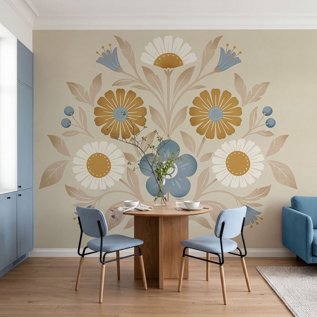Flores em ornamento redondo num interior