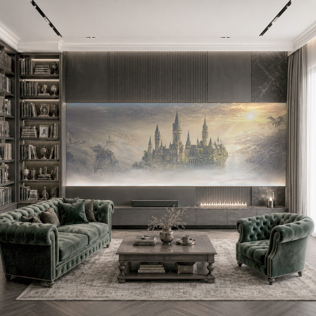 Castelo sobre a névoa num interior